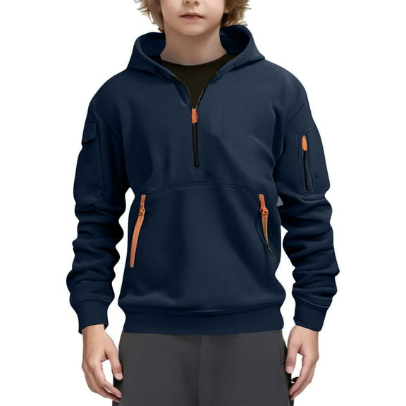 Cethrio Boys Sweatshirts, Casual Drawstring Half Zip Pullover Hoodies for Boys Dark Blue Size 14-16