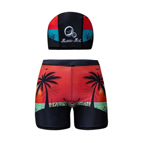 Cethrio Boys Swim Trunks, Beach Summer Printed Quick Dry Swim Shorts and Swim Cap Red Size 10-12