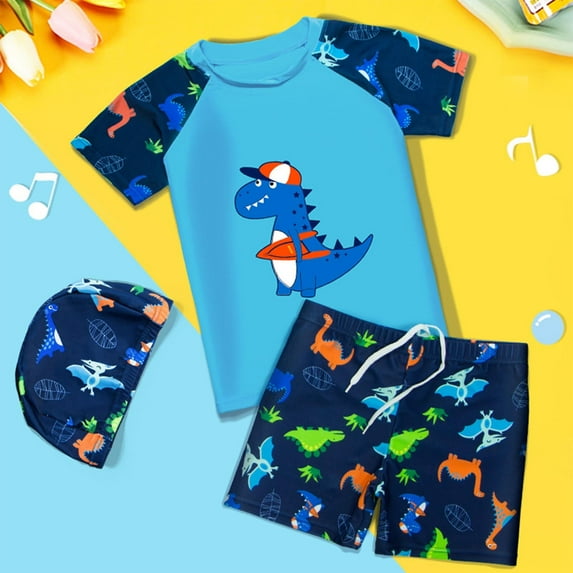 Cethrio Boys Swimsuit Sets, 3 Piece Short Sleeve Swim Shirts & Swim Trunks & Swim Caps Sets Blue Size 9-11 T