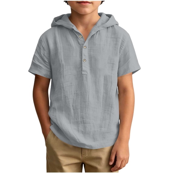 Cethrio Boys T Shirts, Faux Cotton Linen Short Sleeve Casual Hooded Boys Summer Tops Gray Size 10