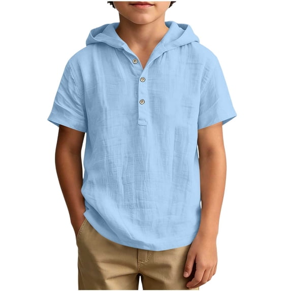Cethrio Boys T Shirts, Hooded Faux Cotton Linen Casual Short Sleeve Boys Summer Tops Blue Size 6