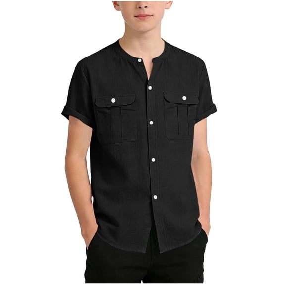 Cethrio Boys T Shirts, Lightweight Casual Buttons Summer Short Sleeve Shirts Black Size 13-14 T