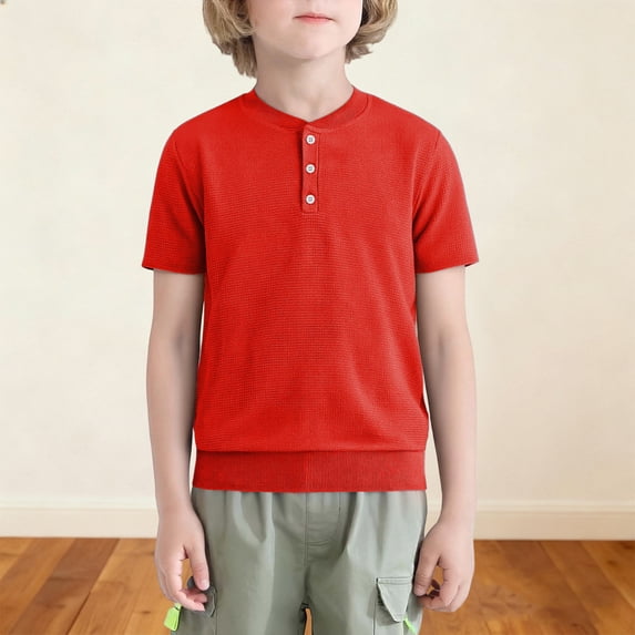 Cethrio Boys T Shirts, Short Sleeve Casual Buttons Pullover Summer Tops Red Size 5T