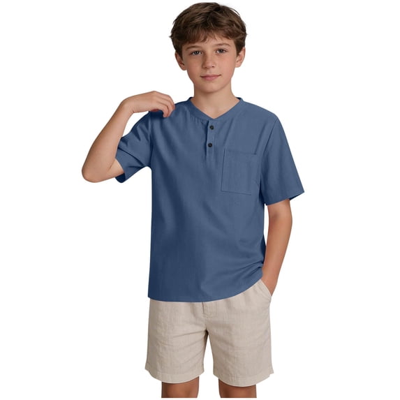 Cethrio Boys T Shirts, Summer Buttons Crew Neck Casual Short Sleeve Shirts Dark Blue Size 14-16