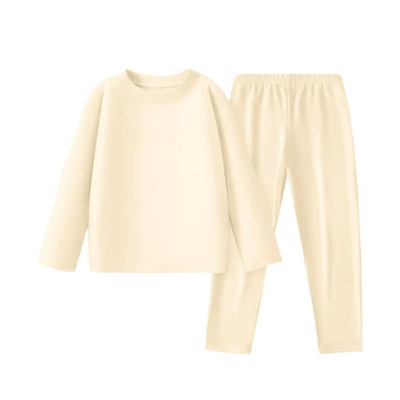 Cethrio Boys Thermal Pajama Sets, 2 PC Soft Winter Long Sleeve Boys' Sleepwear Beige Size 10-12T