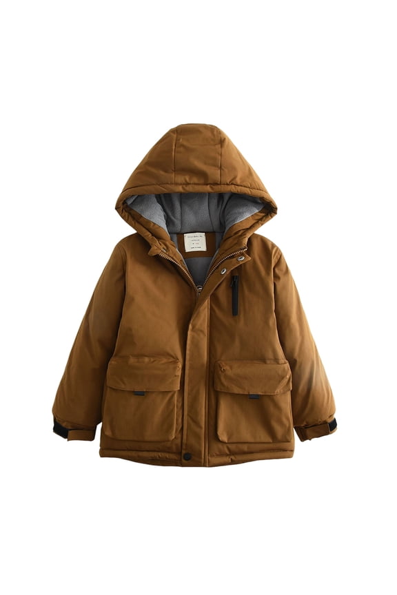 Boys Winter Coats, Long Sleeve Casual Zip up Warm Boys Parkas Brown Size 10-12