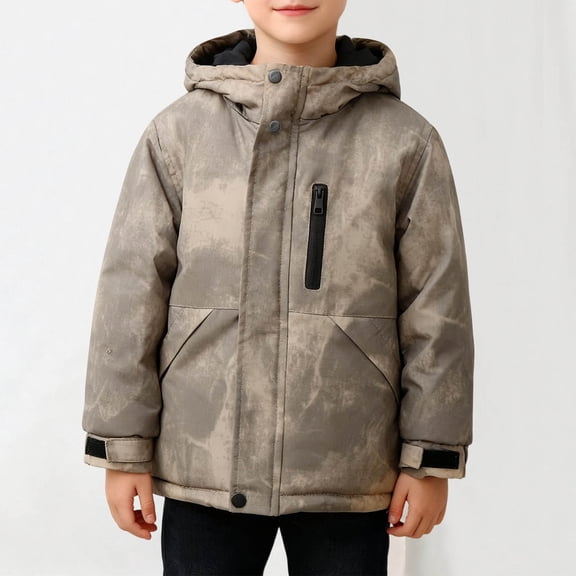 Cethrio Boys Winter Coats, Thickened Warm Windproof Zip up Winter Outerwear with Hood Khaki Size 8