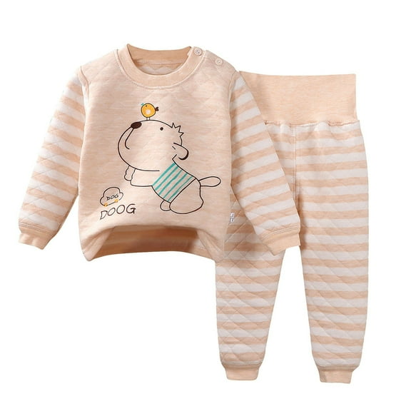 Cethrio Boys Winter Pajama Sets, 2 PC Thermal Cotton Long Sleeve Boys' Sleepwear Khaki Size 4-5T