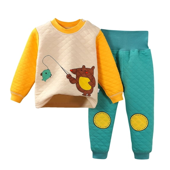 Cethrio Boys Winter Pajama Sets, Cotton 2 PC Thermal Long Sleeve Boys' Sleepwear Yellow Size 4-5T