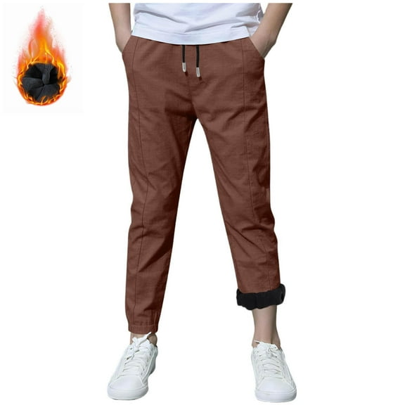 Cethrio Boys Winter Sweatpants, Cotton Linen Drawstring Thermal Elastic Bottom Joggers with Pockets Brown Size 10-12 T