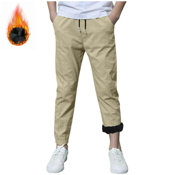 Cethrio Boys Winter Sweatpants Size 10-12 T, Thermal Cotton Linen Drawstring Elastic Bottom Joggers with Pockets Khaki