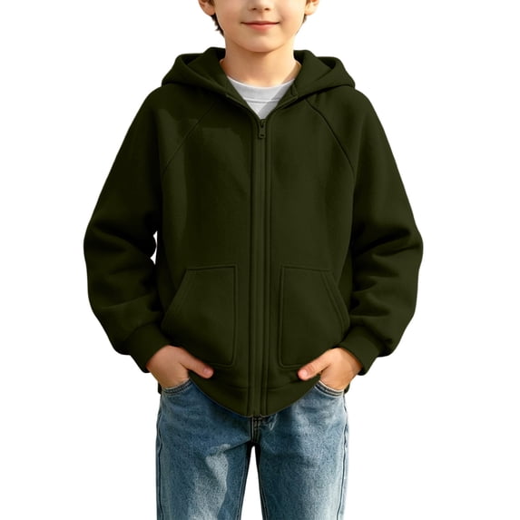 Cethrio Boys Zip up Hoodies, Long Sleeve Fleece-lined Outdoor Casual Fall Outerwear with Pockets Army Green Size 15-16 T