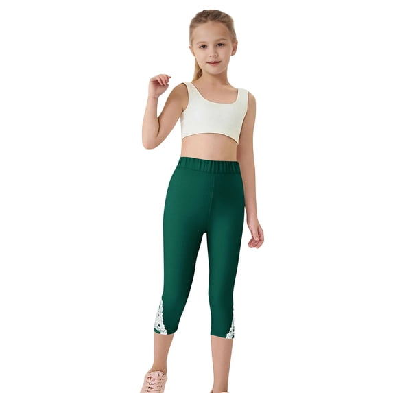 Cethrio Capri Leggings for Kids Girls, 2025 Stretch Elastic Waist Dance Summer Pants Green Size 5-6 T