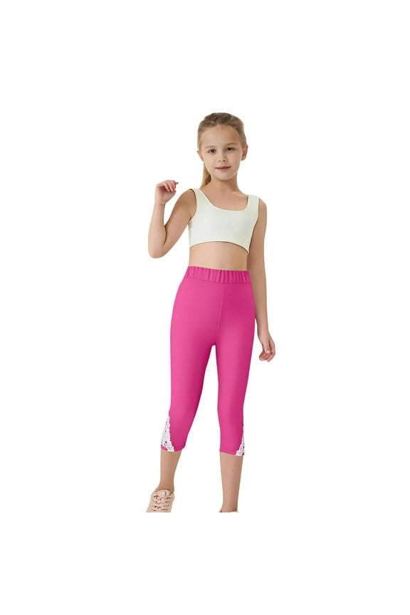 Capri Leggings for Kids Girls, Dance Elastic Waist 2025 Stretch Summer Pants Hot Pink Size 6-7 T