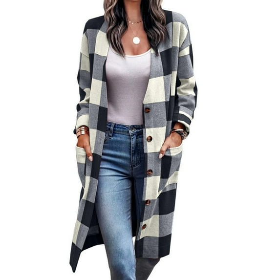 Cethrio Cardigans for Women Full Sleeve Fall and Winter 2025 Casual Loose Pockets Button Plush Plaid Printed Black Outerwear Tops Size S