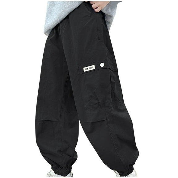Cethrio Cargo Pants for Boys, Cotton Casual Elastic Waist Solid Color Pants with Pockets Black Size 8-9 T