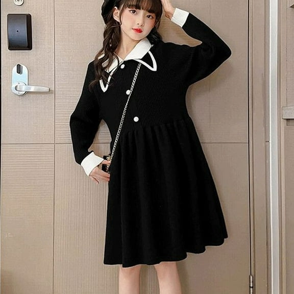 Wavsuf Children Girls Casual Dresses Knitted Black Children's Clothing Size 140