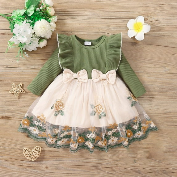 Cethrio Children Girls Casual Dresses Nets Bow Green Children's Clothing Size 12M