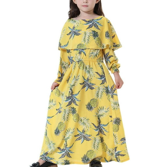 Wavsuf Children Girls Casual Dresses Printed Yellow Children's Clothing Size 4-5 Years
