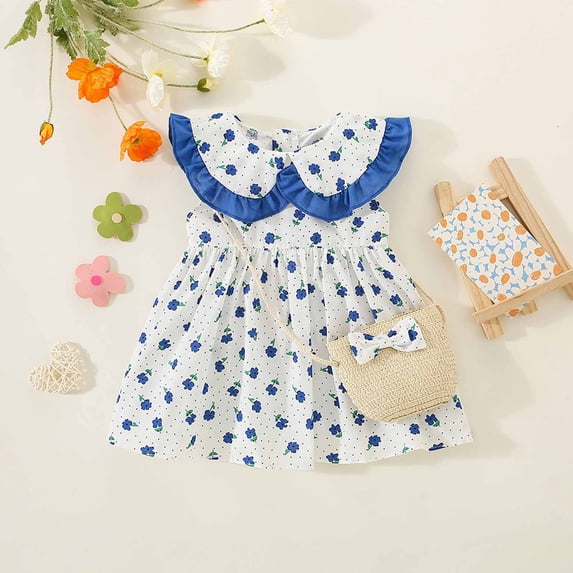 Cethrio Children Girls Summer Dress Bow Blue Dress+Hat Two-piece Suit Size 12-18 Months