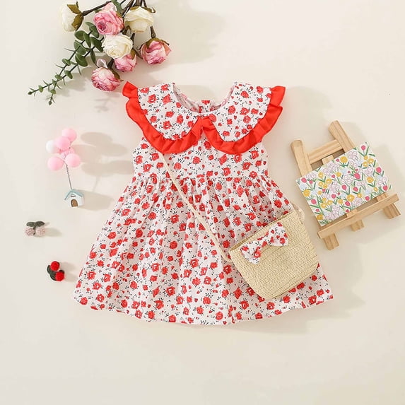 Wavsuf Children Girls Summer Dress Bow Red Dress+Hat Two-piece Suit Size 2-3 Years