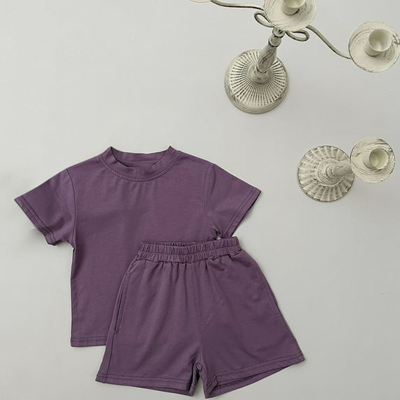 Wavsuf Children Solid Color Loose Boy Girl Pockets Shorts Short Sleeve Round-Neck Blouses T-shirt Sets Purple Size 120