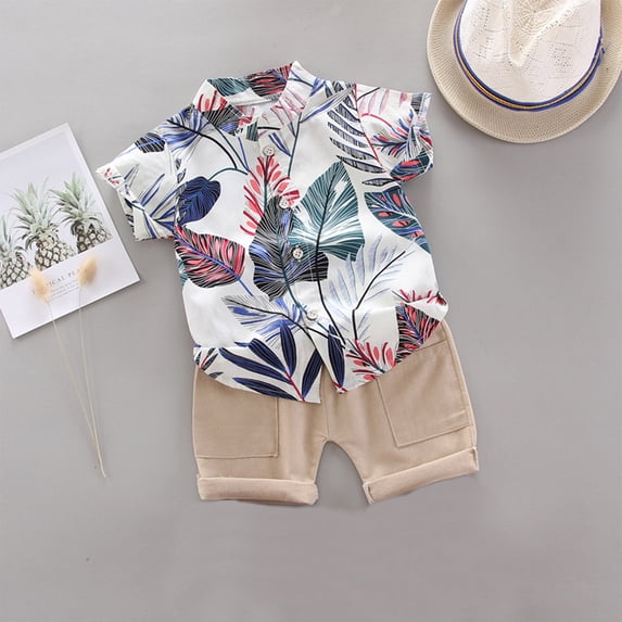 Wavsuf Children's Short-sleeved Suit Spring And Summer Boy's Printed Shirt Shirt Suit 1-4 Years White Size 1Y