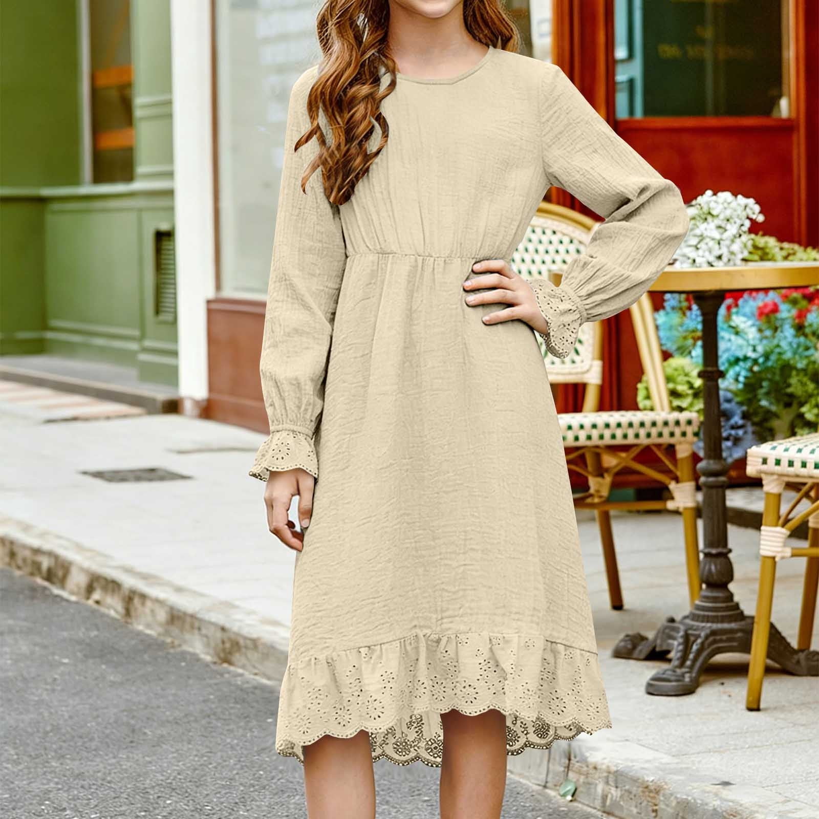 linen dresses size 12 Cethrio Cotton Linen Dresses for Girl, Mid-length Casual Long Sleeve Summer Birthday Dresses Beige Size 12-13t, Girl's