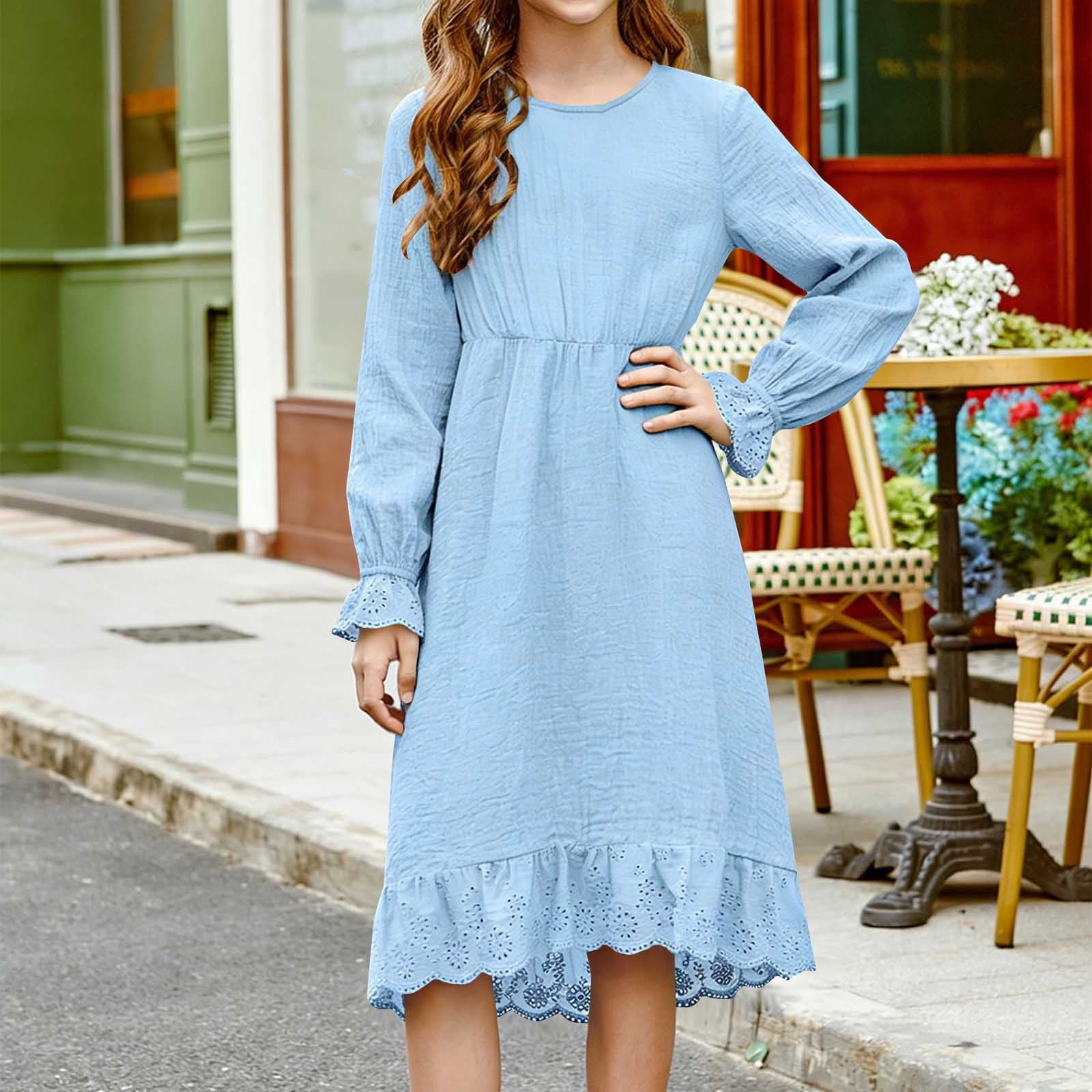 cotton birthday dresses Cethrio Linen for Girl, Summer Long Sleeve Casual Mid-length Dresses Blue Size 8 inspired silhouette Lightweight illusion neckline crepe gown Dainty pink A-line maxi COLOR:As Photo