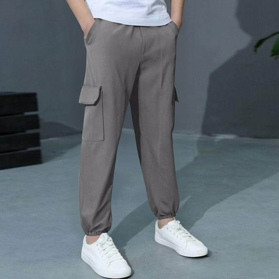 Cethrio Cotton Linen Pants for Boy, Elastic Waist Casual School Multi-pocket Cargo Pants Gray Size 8
