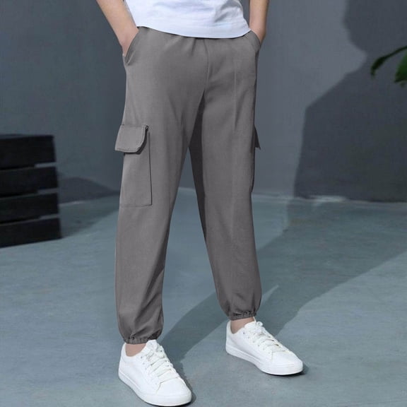 Cethrio Cotton Linen Pants for Boy, Elastic Waist School Casual Multi-pocket Cargo Pants Gray Size 5T