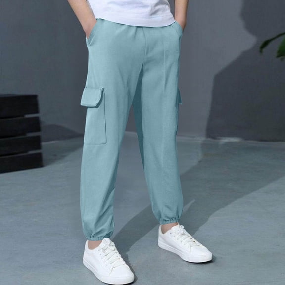 Cethrio Cotton Linen Pants for Boy, Multi-pocket Elastic Waist Casual School Cargo Pants Light Blue Size 5T