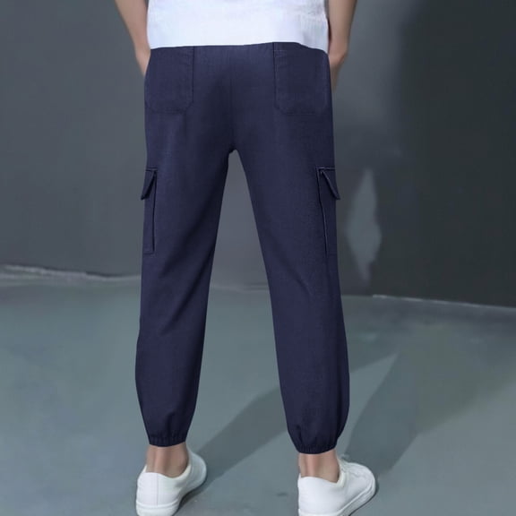Cethrio Cotton Linen Pants for Boy, School Casual Multi-pocket Elastic Waist Cargo Pants Navy Size 8-10T