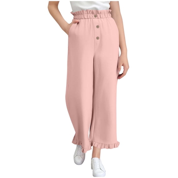 Cethrio Cotton Linen Pants for Girls, Summer Ruffled Elastic Waist Casual Wide Leg Pants Pink Size 5-6T