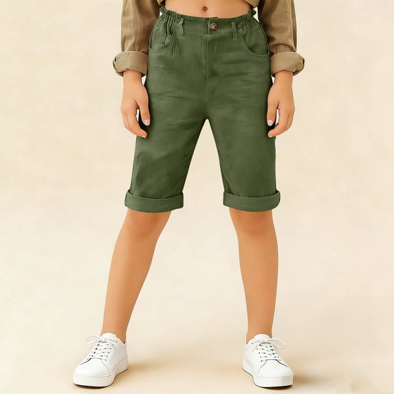 Cethrio Cotton Linen Shorts for Boy, Knee Length School Casual Elastic Waist Summer Shorts Army Green Size 10-12