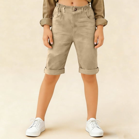 Cethrio Cotton Linen Shorts for Boy, School Knee Length Elastic Waist Casual Summer Shorts Khaki Size 14-16