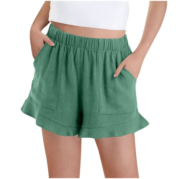 Cethrio Cotton Linen Shorts for Girls, Summer Elastic Waist Loose Fit Casual Shorts Mint Green Size 7-8T