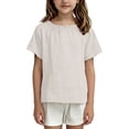 thumbnail image 1 of Cethrio Cotton Linen T-shirts for Girl, Crew Neck Summer Short Sleeve Pullover Girls Tops Beige Size 6, 1 of 5