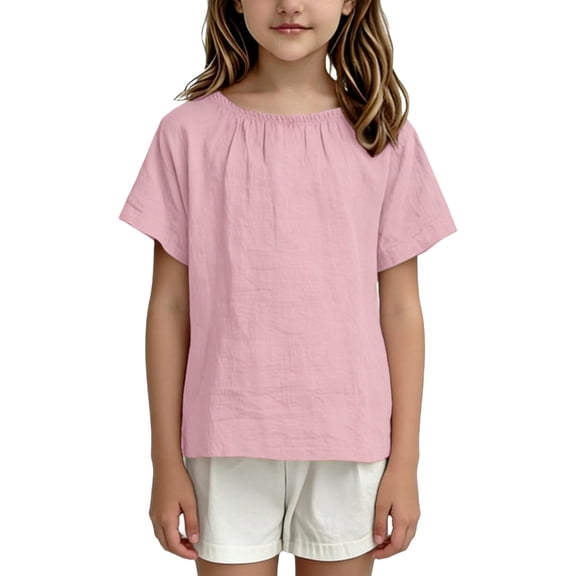 Cethrio Cotton Linen T-shirts for Girl, Pullover Summer Short Sleeve Crew Neck Girls Tops Pink Size 6