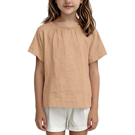 Cethrio Cotton Linen T-shirts for Girl, Summer Short Sleeve Pullover Crew Neck Girls Tops Khaki Size 2-3T