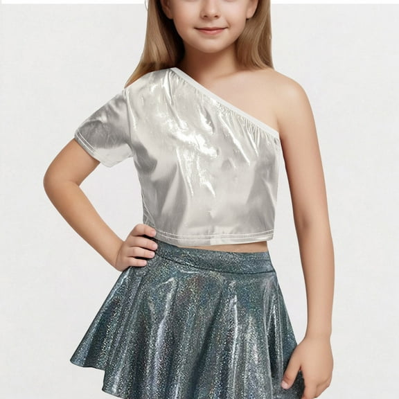 Cethrio Dancewear Tank Tops for Girls, Fashion Off Shoulder Performance Shiny Summer Tops Silver Size 13-14 T