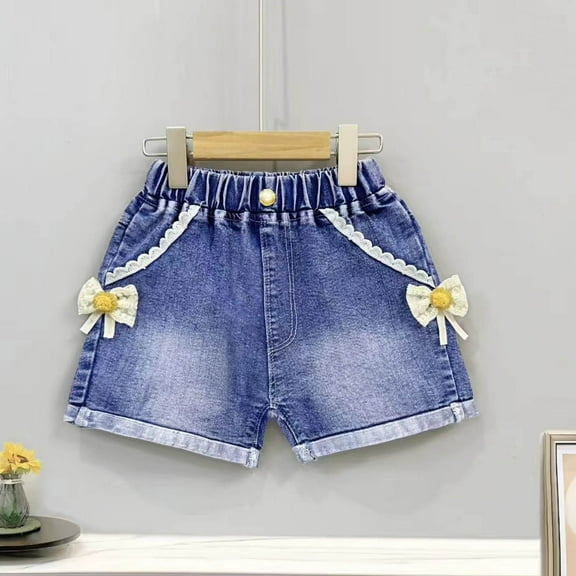 Cethrio Denim Shorts for Girls, 2025 Stretch Elastic Waist Casual Short Jeans Blue Size 4 T