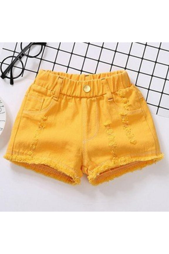 Denim Shorts for Girls, Casual Elastic Waist Cotton Ripped Summer Shorts Yellow Size 7-8 T