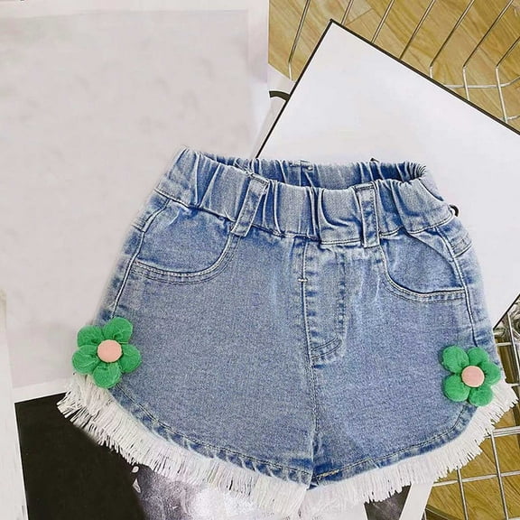 Cethrio Denim Shorts for Girls, Casual Stretchy Elastic Waist Shorts with Pockets Light Blue Size 3-4 T
