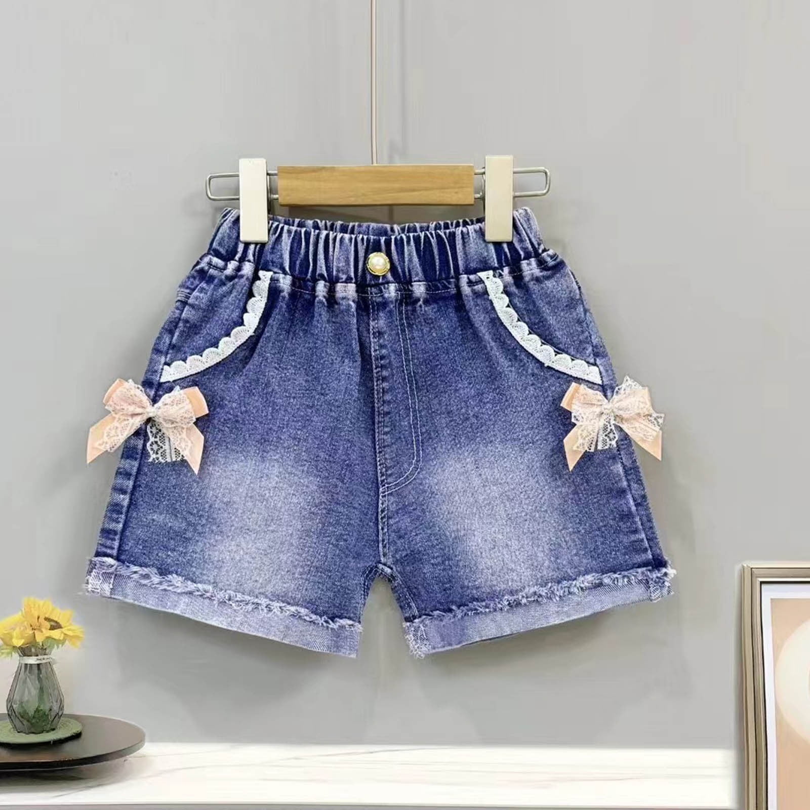 Denim Shorts for Girls, Elastic Waist Casual Stretchy Gifts Short Jeans Blue Size 3 T