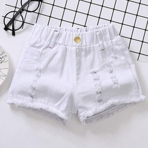 Cethrio Denim Shorts for Girls, Elastic Waist Ripped Casual Cotton Summer Shorts White Size 5-6 T