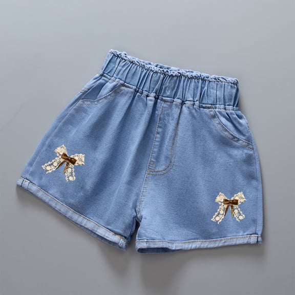 Cethrio Denim Shorts for Girls, Printed Cotton Gifts Elastic Waist Summer Shorts Blue Size 6-7 T