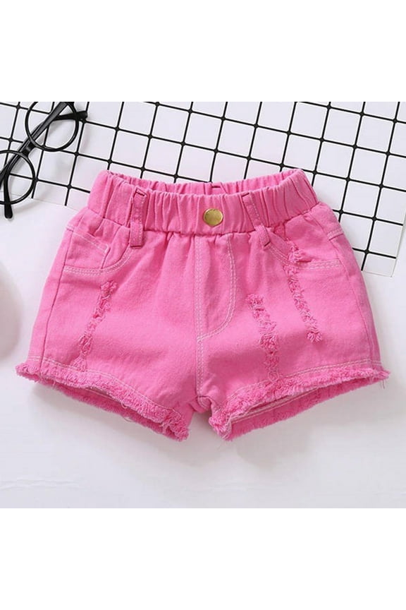 Denim Shorts for Girls Size 7-8 T, Cotton Casual Ripped Elastic Waist Summer Shorts Hot Pink