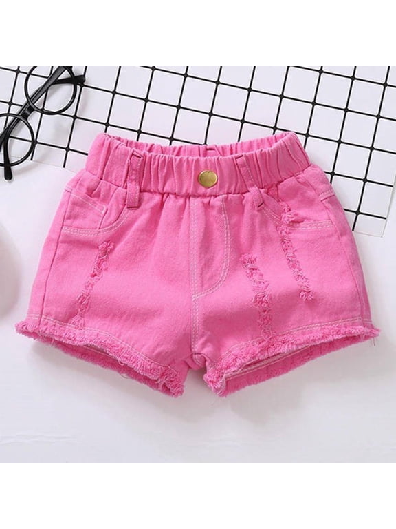 Denim Shorts with Pockets for Girls, Casual Elastic Waist Cotton Ripped Summer Shorts with Pockets Hot Pink Size 13-14 T