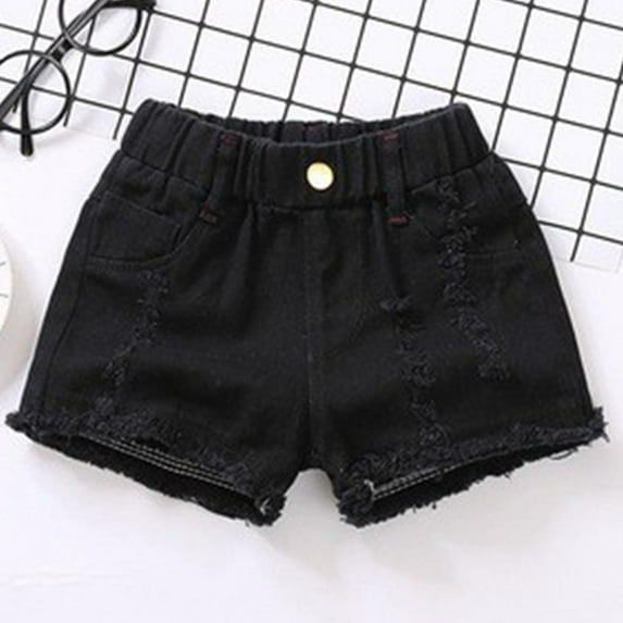Cethrio Denim Shorts with Pockets for Girls, Elastic Waist Ripped Casual Cotton Summer Shorts with Pockets Black Size 13-14 T